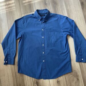 Roundtree & York Trademark Blue Long Sleeve Mens Large Shirt White Check Comfort